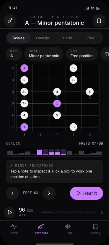 The Fretboard screen on iPhone: a five-fret CAGED window with the notes of the shape marked on the neck, and a strip underneath showing where the window sits on the whole fretboard.